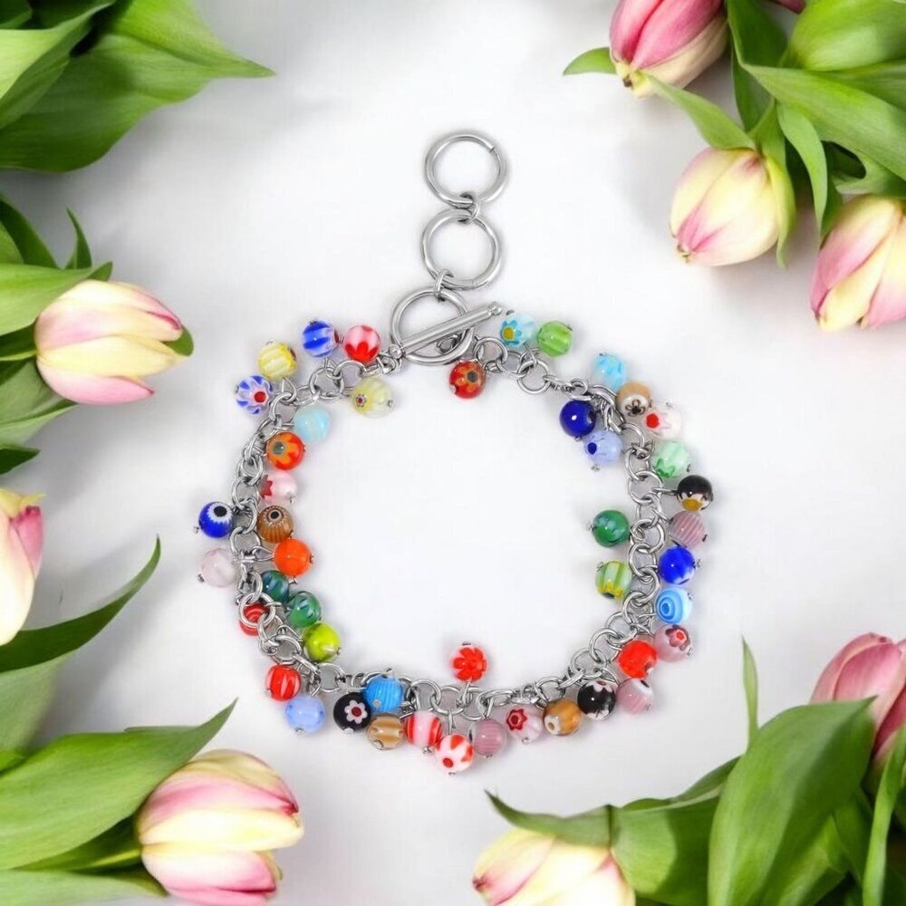 Murano Style ✦ Floral Glass Bead Bracelet ✦ 316L Stainless Toggle Clasp 9" NWT - Picture 5 of 6